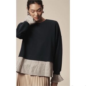 Anthropologie Maeve Striped Trim Twofer Sweatshirt Navy Size S